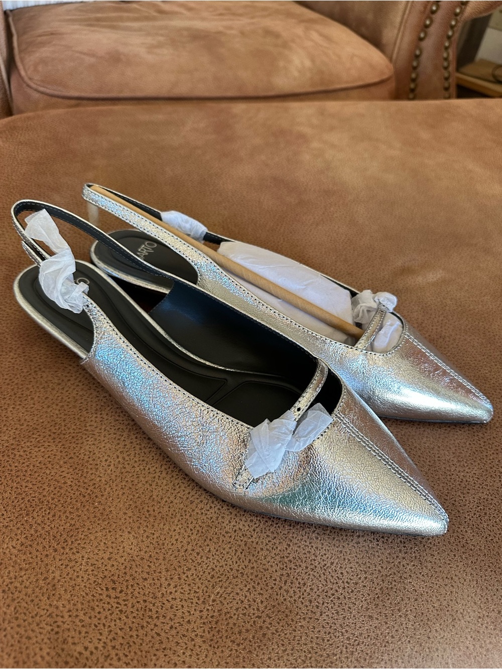 Metallic Silver Pointed-Toe Slingback Flats Franco Sarto